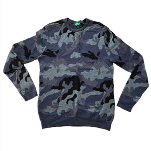 Women's Blue Camouflage Crewneck Sweater with Ribbed Collar